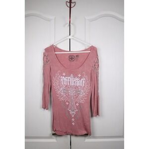 Affliction Women Pink Winged Cross Graphic Lace Sleeve Top Small Rhinestone Y2K